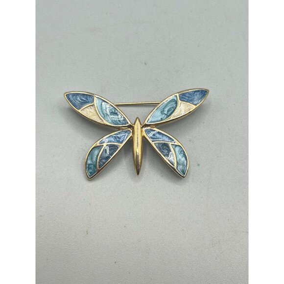 Signed LC Liz Claiborne Enameled Butterfly Pin Brooch 80s Blue Swirls Gold Tone - Picture 2 of 7